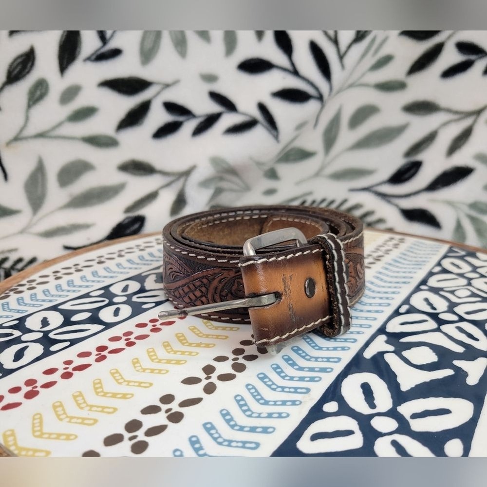 Belt Co Brown Tooled Leather Belt Men's Embellished Florid Western USA Size 38